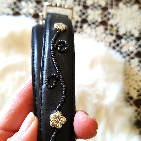 Brighton Leather Silver-tone Beaded Black Floral Belt SZ: 6/8 main image 8
